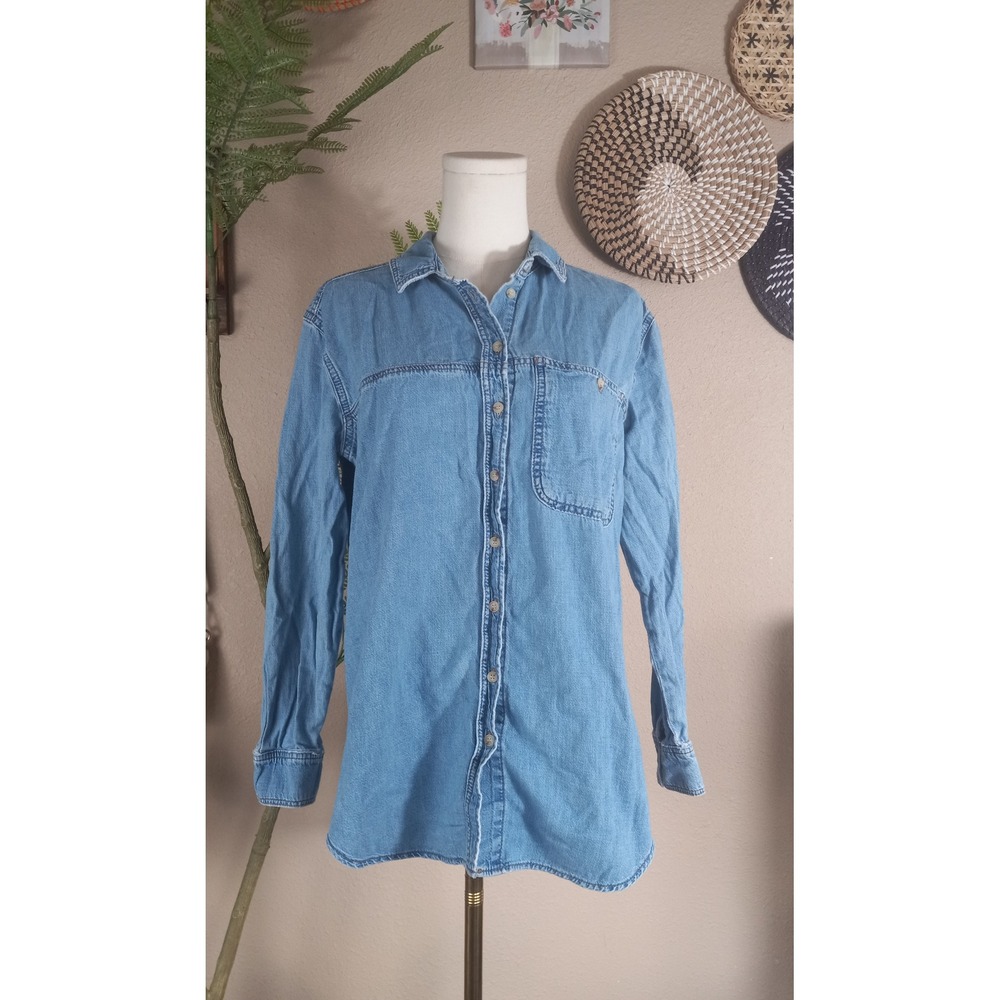 Topshop Moto Womens Light Wash Denim Button Down Shirt Longline Shacket Size 6